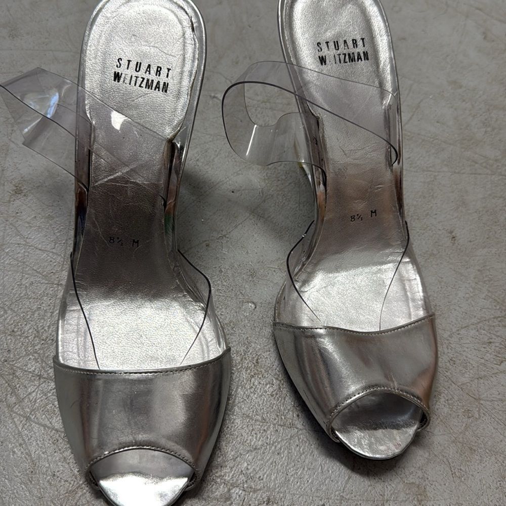 Stylish Silver Wedge Heels with Clear Straps - Stuart Weitzman Heels - Size 8 - Picture 3 of 4
